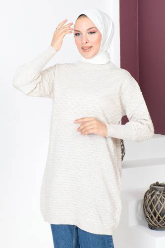Kabartma Desenli Triko Tunik TSD230713 Bej - Tesettür Dünyası (1)