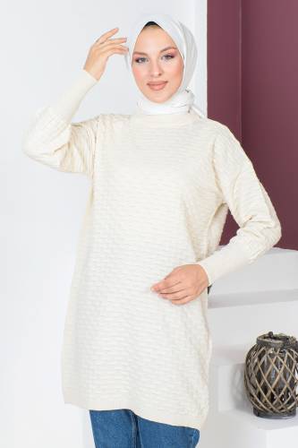 Kabartma Desenli Triko Tunik TSD230713 Ekru - Tesettür Dünyası (1)