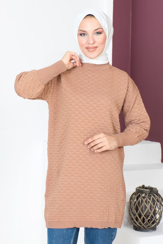 Kabartma Desenli Triko Tunik TSD230713 Vizon - 2
