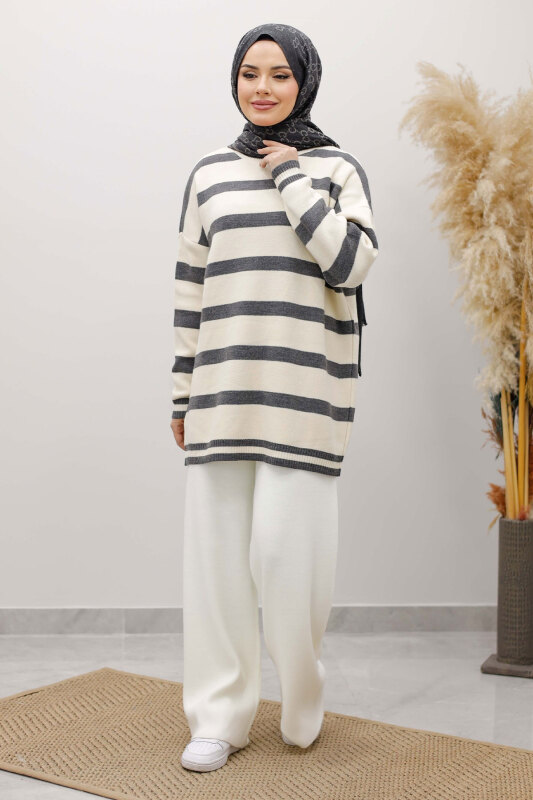 Kalın Çizgi Detaylı Triko Tunik TSD260113 Füme - 1