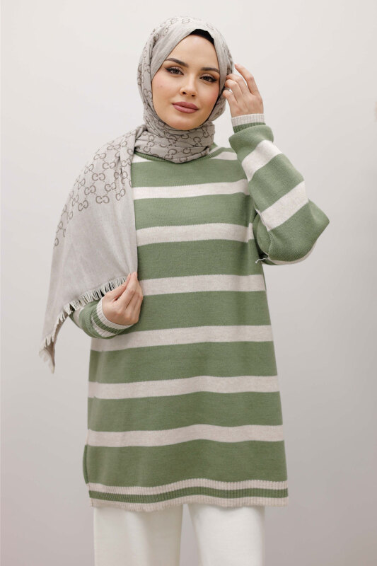Kalın Çizgi Detaylı Triko Tunik TSD260113 Mint Yeşili - TESETTÜR DÜNYASI (1)