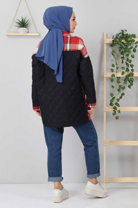 Kapitone Detaylı Ekose Ceket TSD5510 Bordo - 4