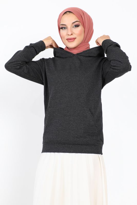 Kapşonlu Kısa Sweatshirt TSD230427 Antrasit - Tesettür Dünyası