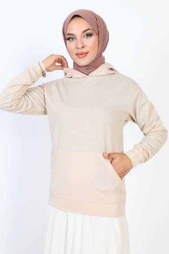 Kapşonlu Kısa Sweatshirt TSD230427 Bej - 1