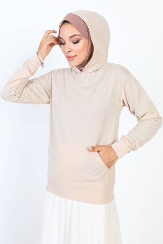 Kapşonlu Kısa Sweatshirt TSD230427 Bej - 3