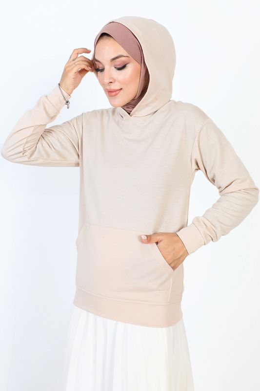 Kapşonlu Kısa Sweatshirt TSD230427 Bej - 3
