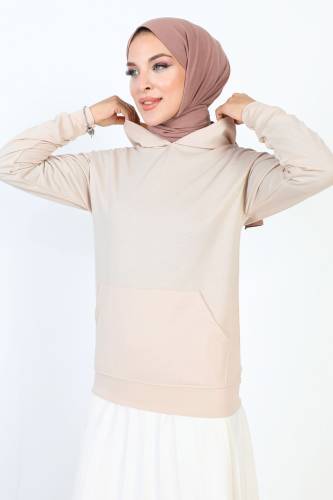 Kapşonlu Kısa Sweatshirt TSD230427 Bej - 4