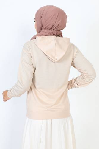 Kapşonlu Kısa Sweatshirt TSD230427 Bej - 5