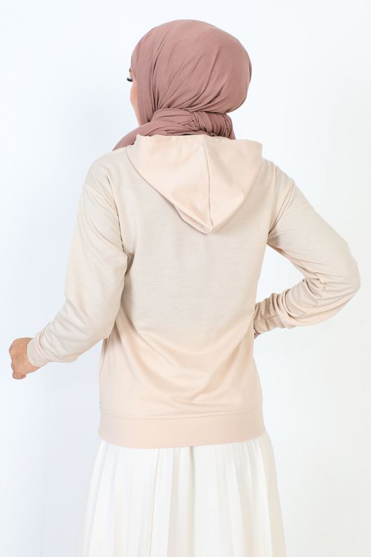 Kapşonlu Kısa Sweatshirt TSD230427 Bej - 5
