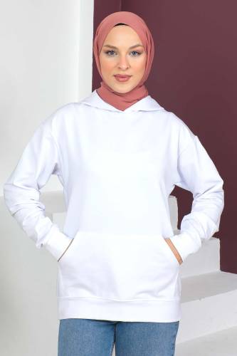 Kapşonlu Kısa Sweatshirt TSD230427 Beyaz - Tesettür Dünyası (1)