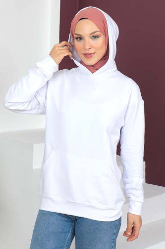 Kapşonlu Kısa Sweatshirt TSD230427 Beyaz 