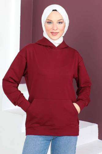 Kapşonlu Kısa Sweatshirt TSD230427 Bordo - Tesettür Dünyası (1)