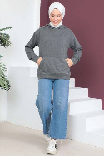 Kapşonlu Kısa Sweatshirt TSD230427 Füme - Tesettür Dünyası (1)