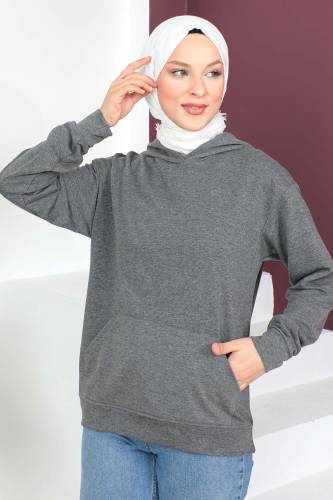 Kapşonlu Kısa Sweatshirt TSD230427 Füme 