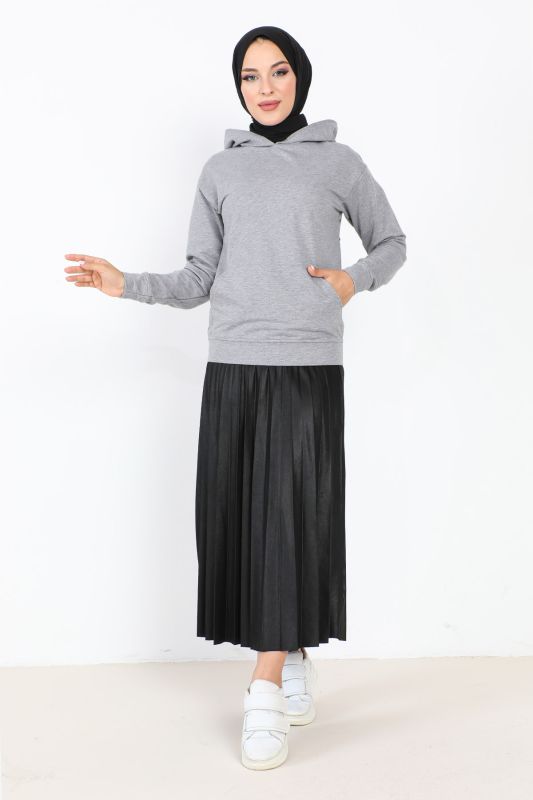 Kapşonlu Kısa Sweatshirt TSD230427 Gri - Tesettür Dünyası (1)