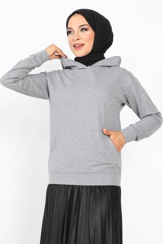 Kapşonlu Kısa Sweatshirt TSD230427 Gri 