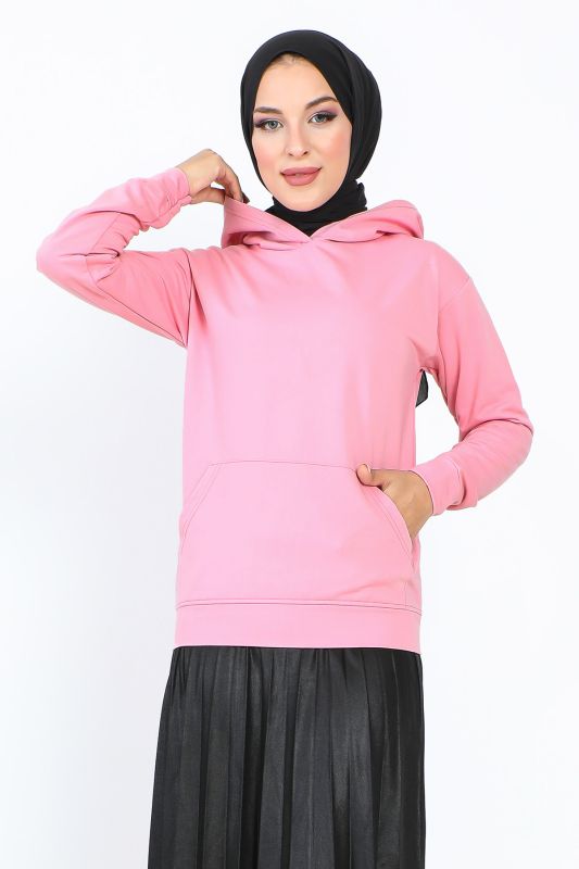 Kapşonlu Kısa Sweatshirt TSD230427 Gül Kurusu - Tesettür Dünyası