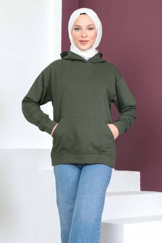 Kapşonlu Kısa Sweatshirt TSD230427 Haki 