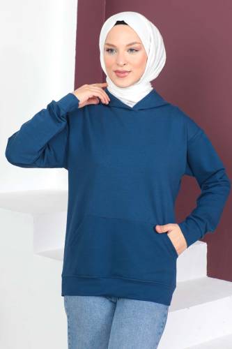 Kapşonlu Kısa Sweatshirt TSD230427 İndigo 