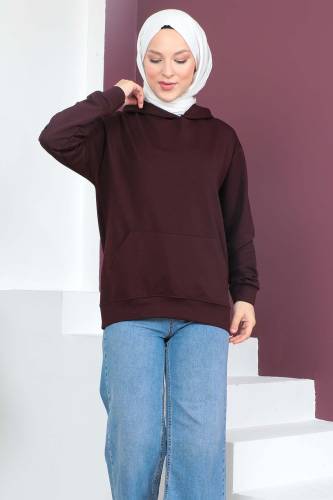 Kapşonlu Kısa Sweatshirt TSD230427 Mürdüm - Tesettür Dünyası (1)