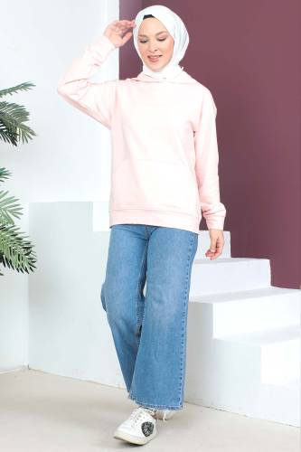 Kapşonlu Kısa Sweatshirt TSD230427 Pembe - Tesettür Dünyası (1)