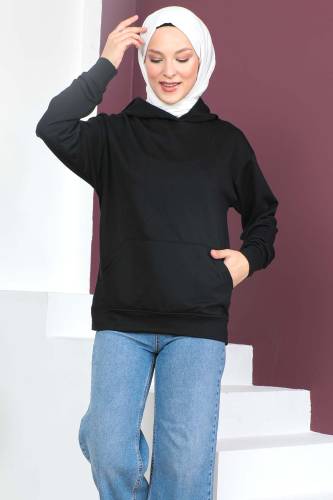 Kapşonlu Kısa Sweatshirt TSD230427 Siyah - Tesettür Dünyası (1)