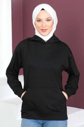 Kapşonlu Kısa Sweatshirt TSD230427 Siyah 