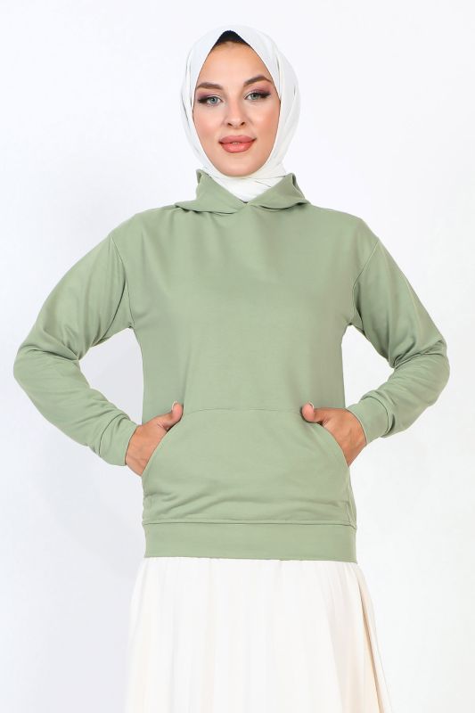 Kapşonlu Kısa Sweatshirt TSD230427 Su Yeşili - Tesettür Dünyası