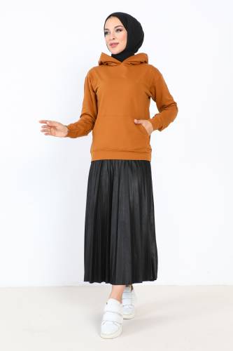 Kapşonlu Kısa Sweatshirt TSD230427 Taba - Tesettür Dünyası (1)