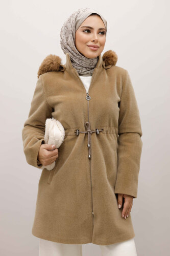 Kapüşonlu Fermuarlı Fox Kaban TSD250238 Camel - TESETTÜR DÜNYASI (1)