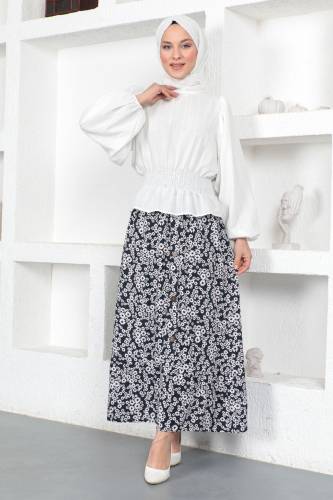 Karanfil Desenli Etek TSD230381 Lacivert - Tesettür Dünyası (1)