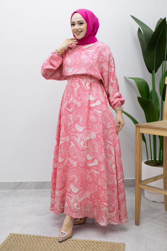 Karışık Desenli Beli Lastikli Elbise TSD260244 Pembe - 3