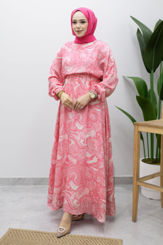 Karışık Desenli Beli Lastikli Elbise TSD260244 Pembe - 5