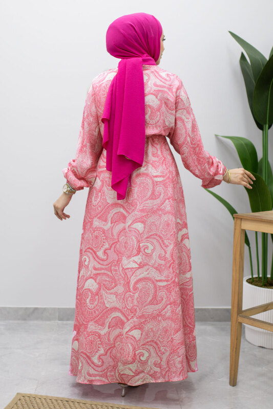 Karışık Desenli Beli Lastikli Elbise TSD260244 Pembe - 6