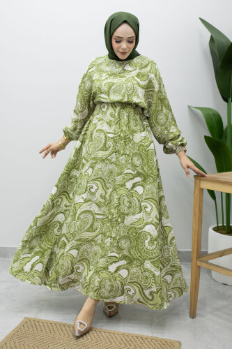 Karışık Desenli Beli Lastikli Elbise TSD260244 Yeşil 