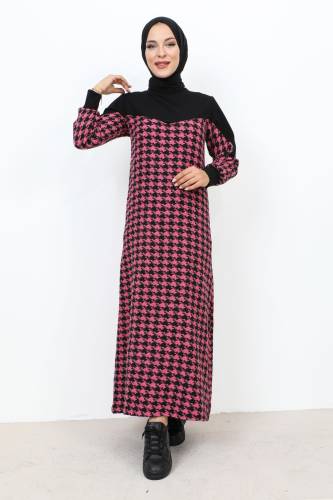 Kazayağı Desenli Elbise TSD231102 Pembe 
