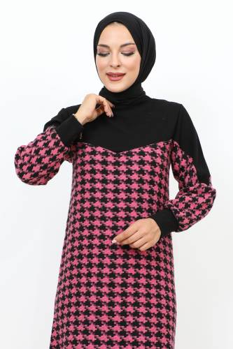 Kazayağı Desenli Elbise TSD231102 Pembe - Tesettür Dünyası (1)