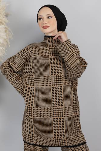 Kazayağı Desenli Triko Takım TSD220720 Camel - Tesettür Dünyası (1)