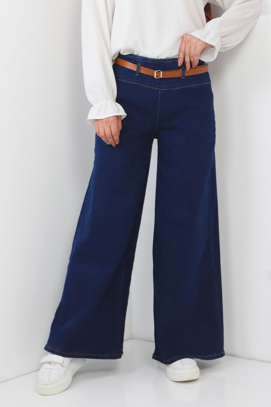 Kemerli Bol Paça Kot Pantolon TSD220403 Koyu Mavi - 2