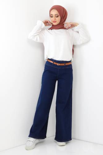 Kemerli Bol Paça Kot Pantolon TSD220403 Koyu Mavi - 1