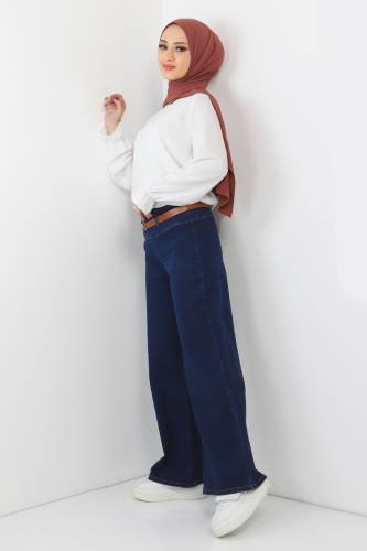 Kemerli Bol Paça Kot Pantolon TSD220403 Koyu Mavi - 3