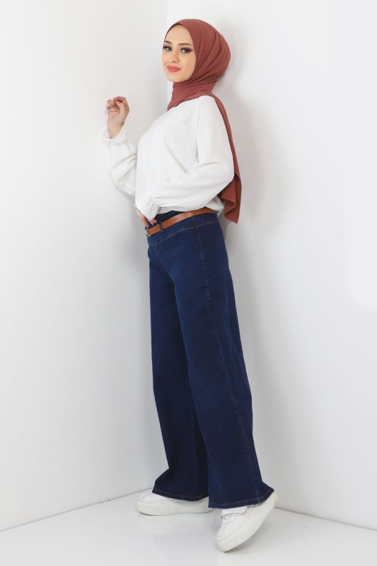 Kemerli Bol Paça Kot Pantolon TSD220403 Koyu Mavi - 3