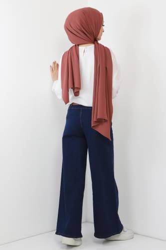 Kemerli Bol Paça Kot Pantolon TSD220403 Koyu Mavi - 4
