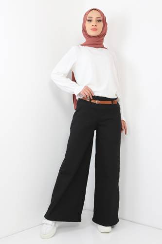 Kemerli Bol Paça Kot Pantolon TSD220403 Siyah 