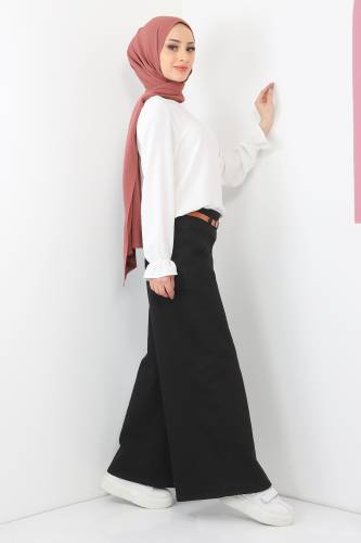 Kemerli Bol Paça Kot Pantolon TSD220403 Siyah - Tesettür Dünyası (1)
