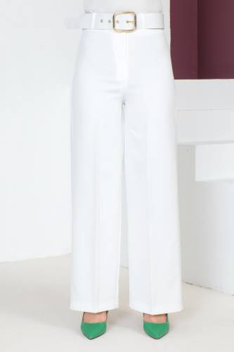 Kemerli Bol Paça Pantolon TSD230641 Ekru 