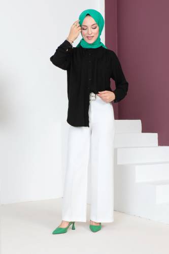 Kemerli Bol Paça Pantolon TSD230641 Ekru - Tesettür Dünyası (1)