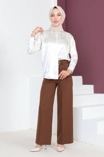 Kemerli Bol Paça Pantolon TSD230641 Kahverengi - Tesettür Dünyası (1)
