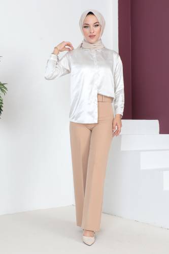 Kemerli Bol Paça Pantolon TSD230641 Vizon - Tesettür Dünyası (1)