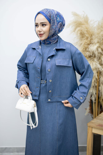 Kemerli Ceketli Denim Elbise TSD260164 Açık Mavi - TESETTÜR DÜNYASI (1)